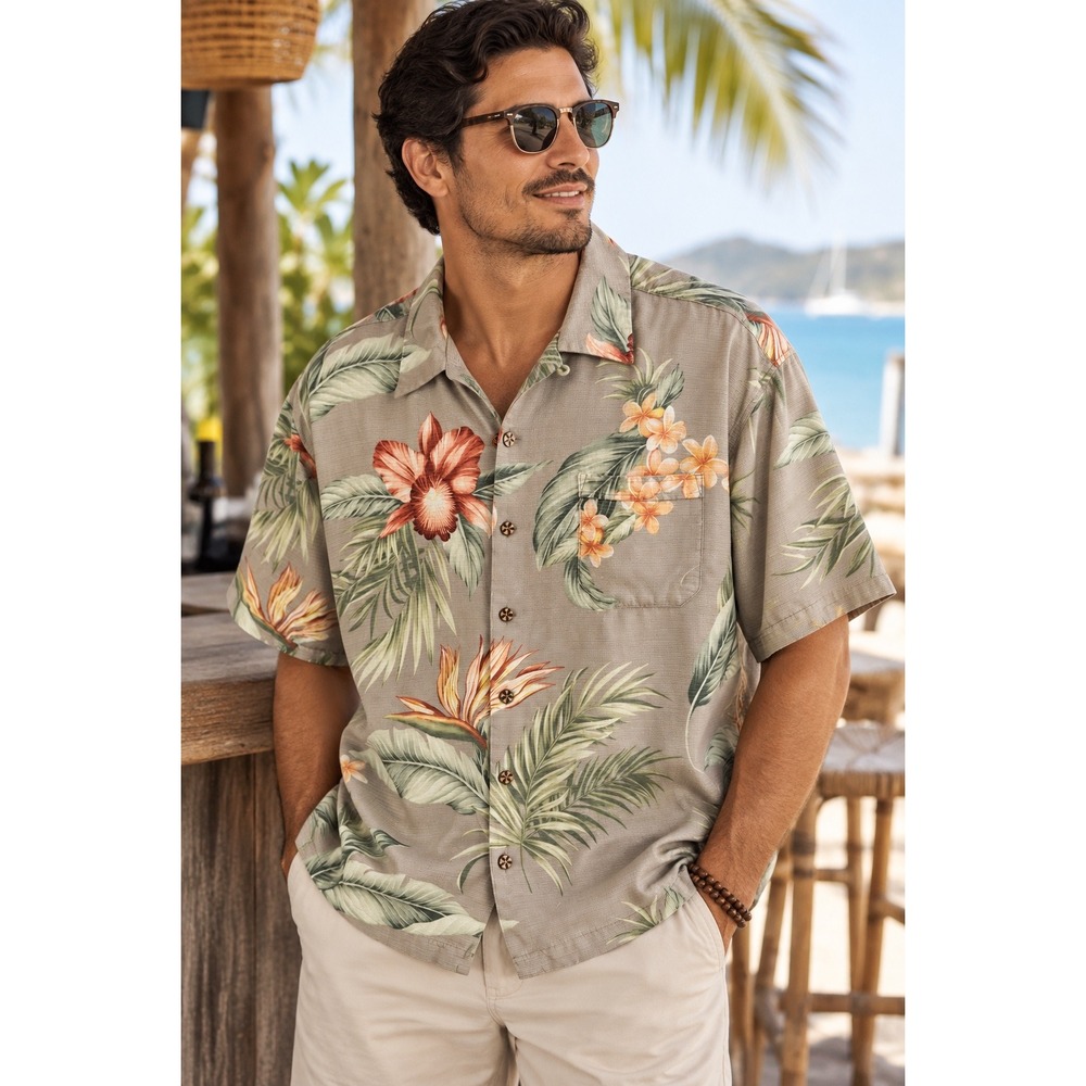 Jamaica Jaxx Men Tropical Hawaiian Shirt Silk Blend Floral Palm Leaf Aloha XL